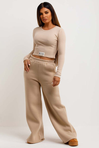 Women's Wide Leg Joggers And Ribbed Top Lounge Set Beige