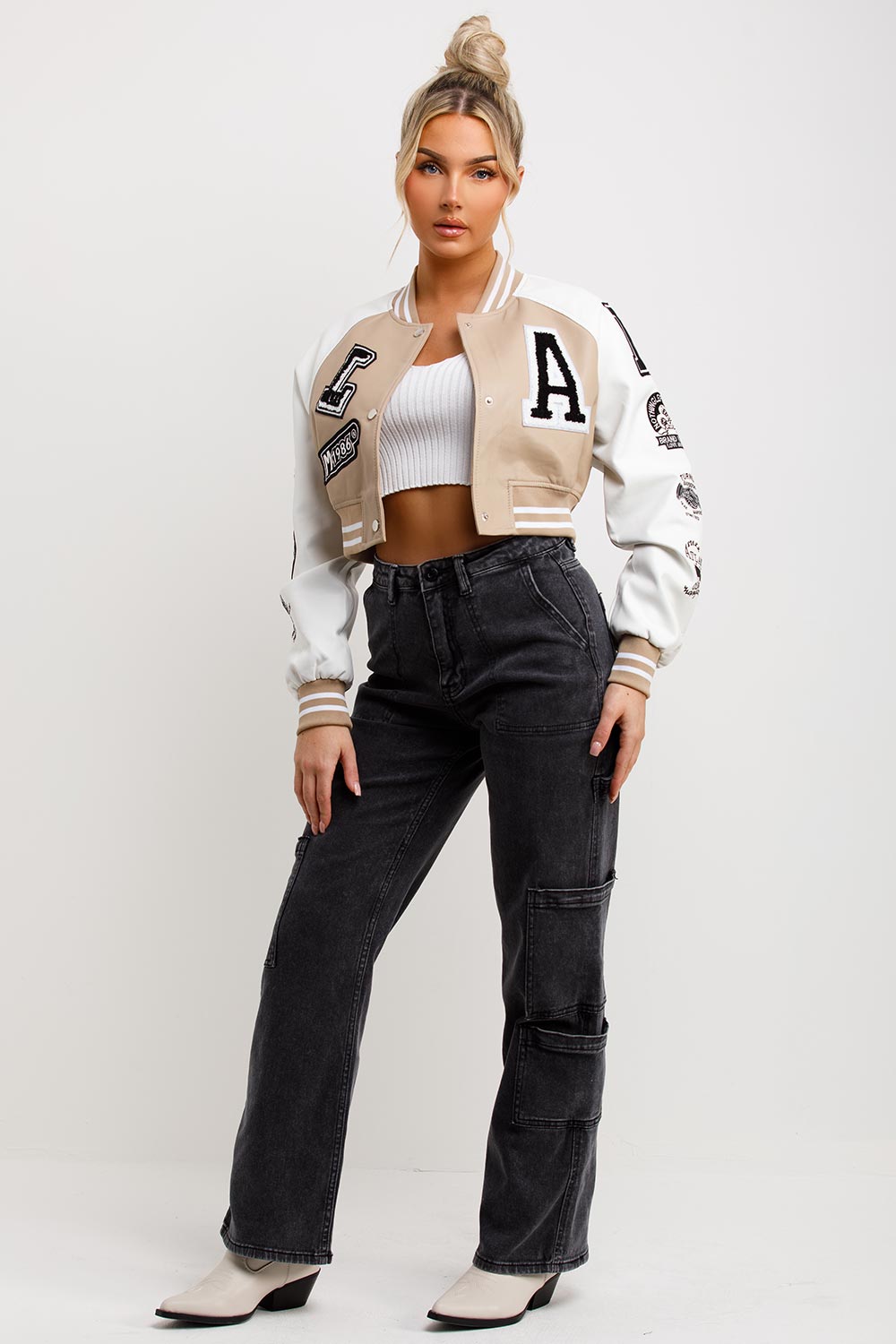 womens varsity bomber jacket cropped