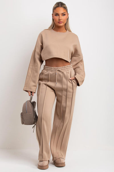 Beige Tracksuit Joggers And Crop Sweatshirt With Seam Detail