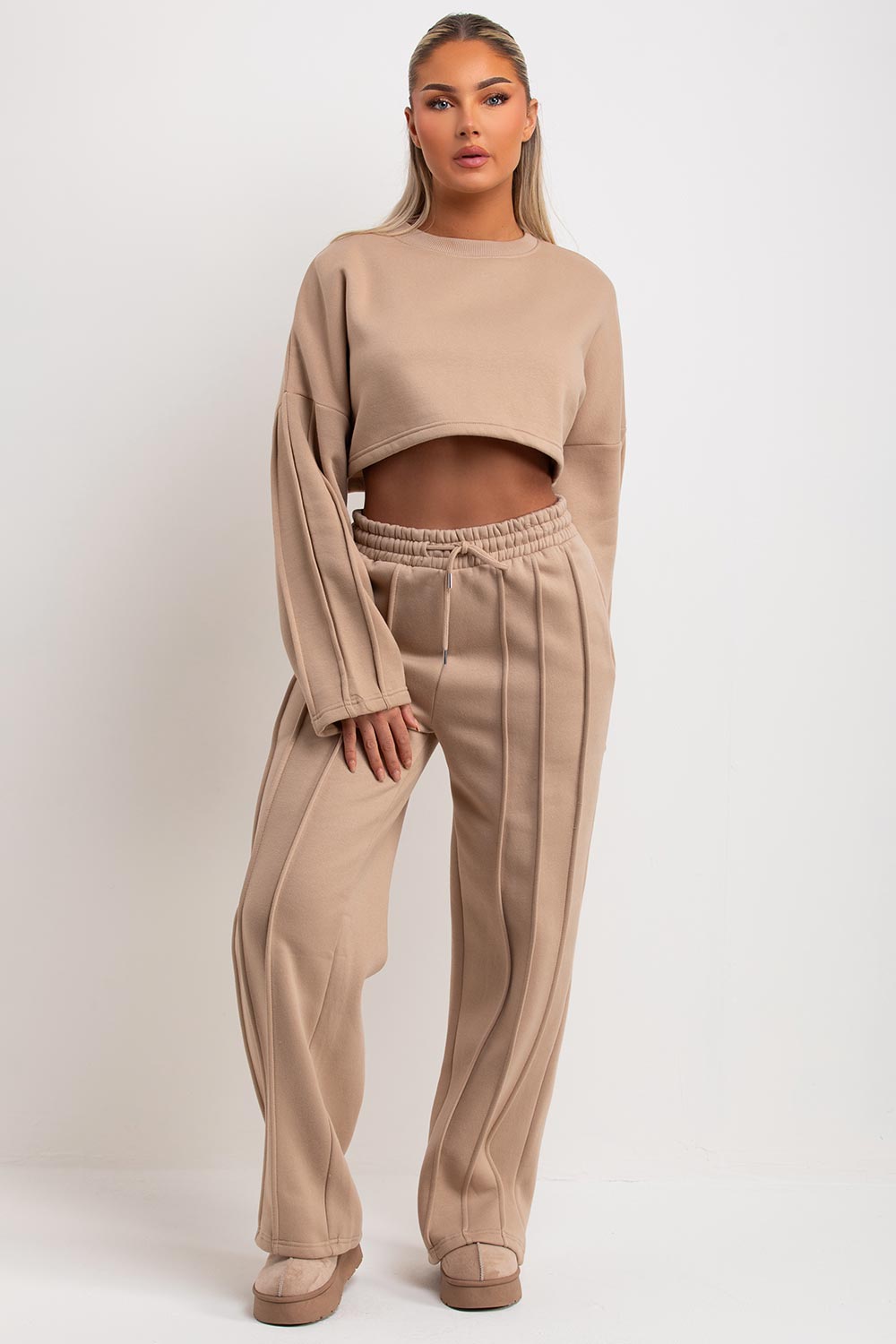 womens seam detail straight leg joggers and sweatshirt tracksuit co ord set