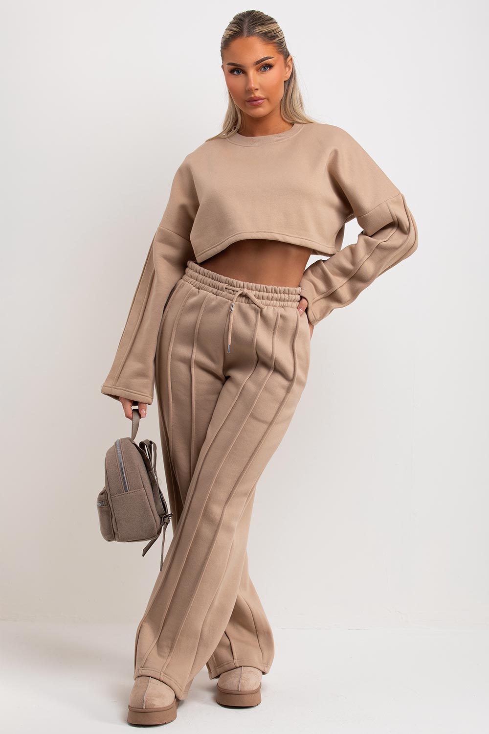 womens beige seam joggers and sweatshirt tracksuit set