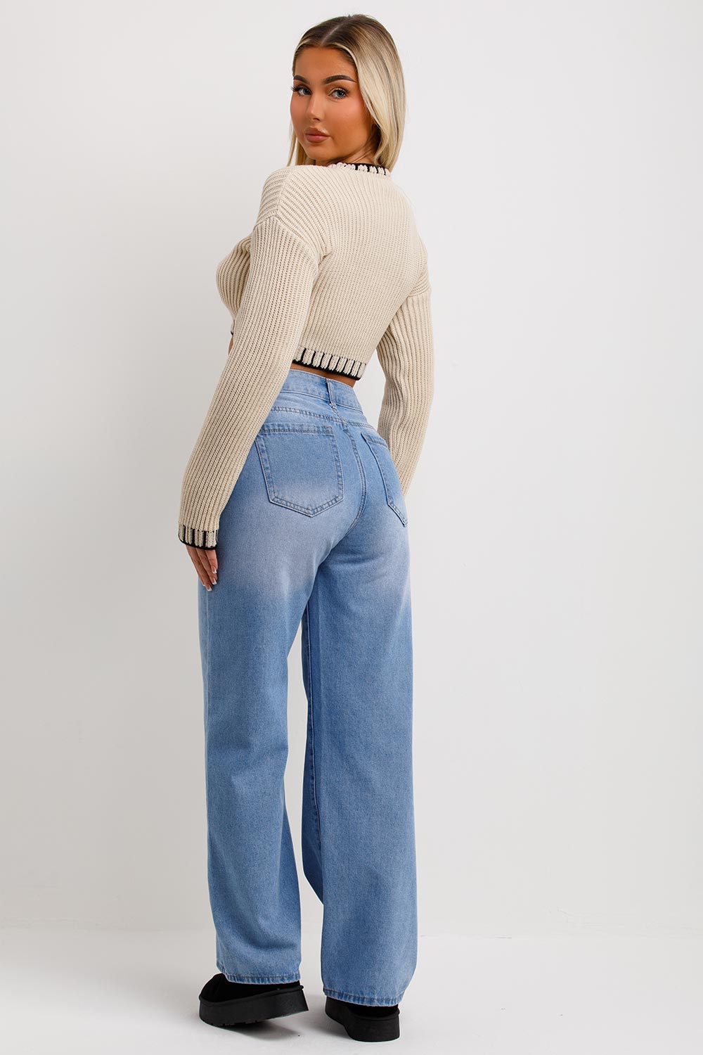 long sleeve crop knitted jumper with blanket stitches detail