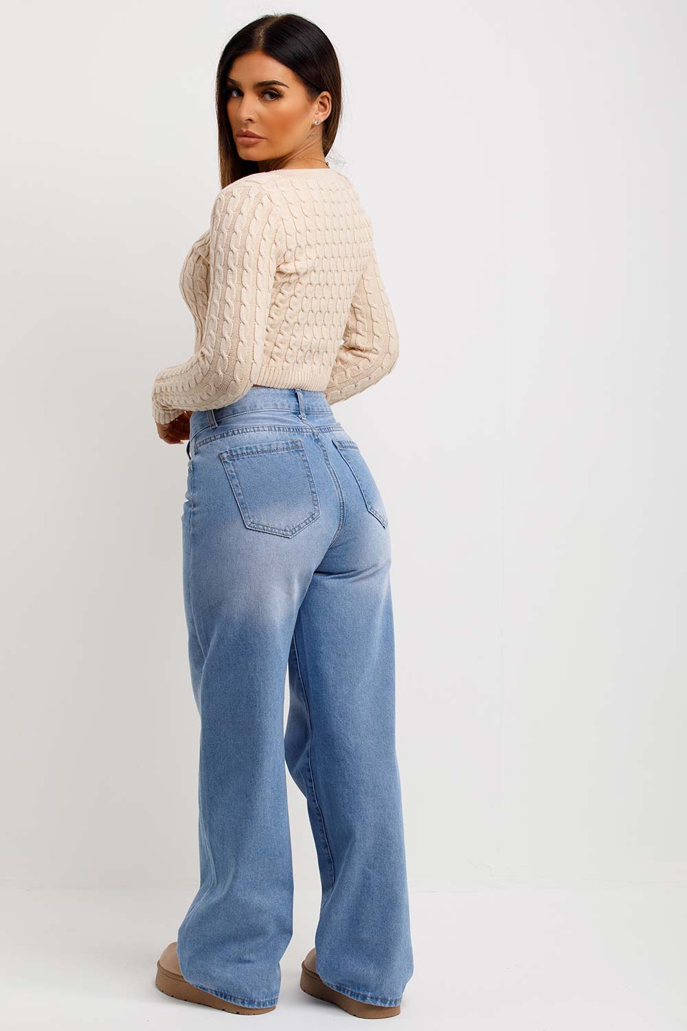 womens beige v neck crop knitted jumper