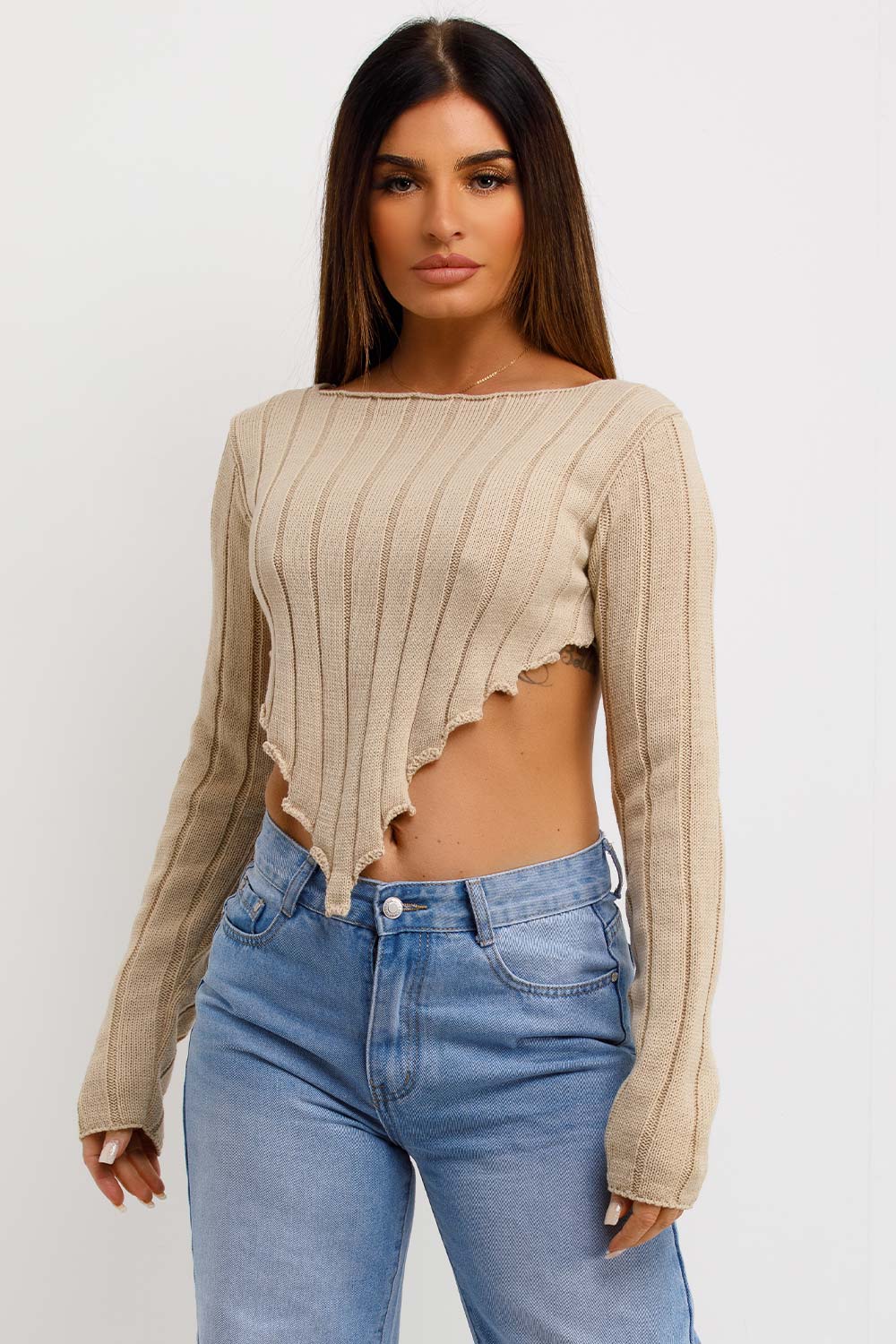dip hem crop knitted jumper long sleeves