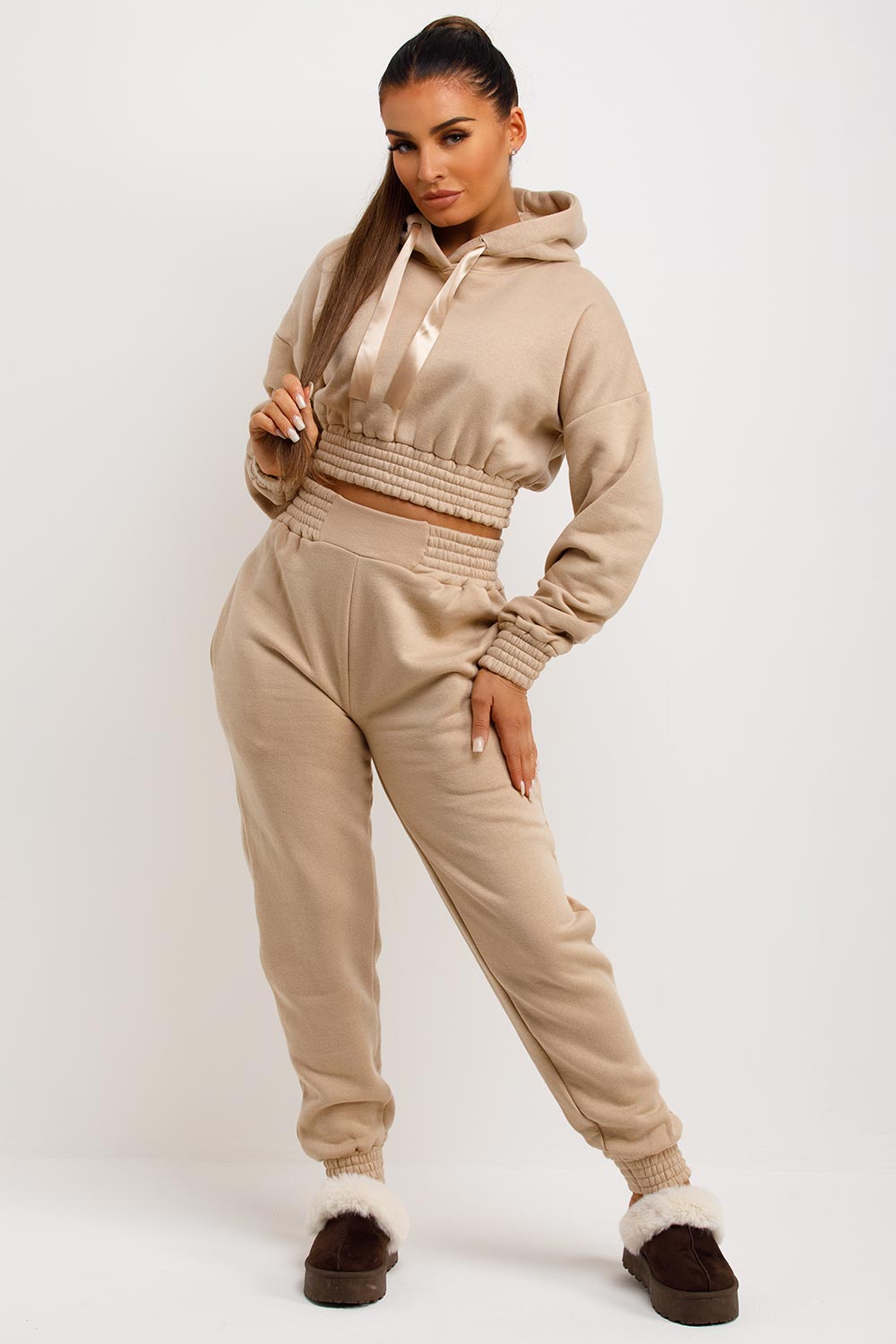 womens tracksuit cropped hooded sweatshirt and joggers co ord