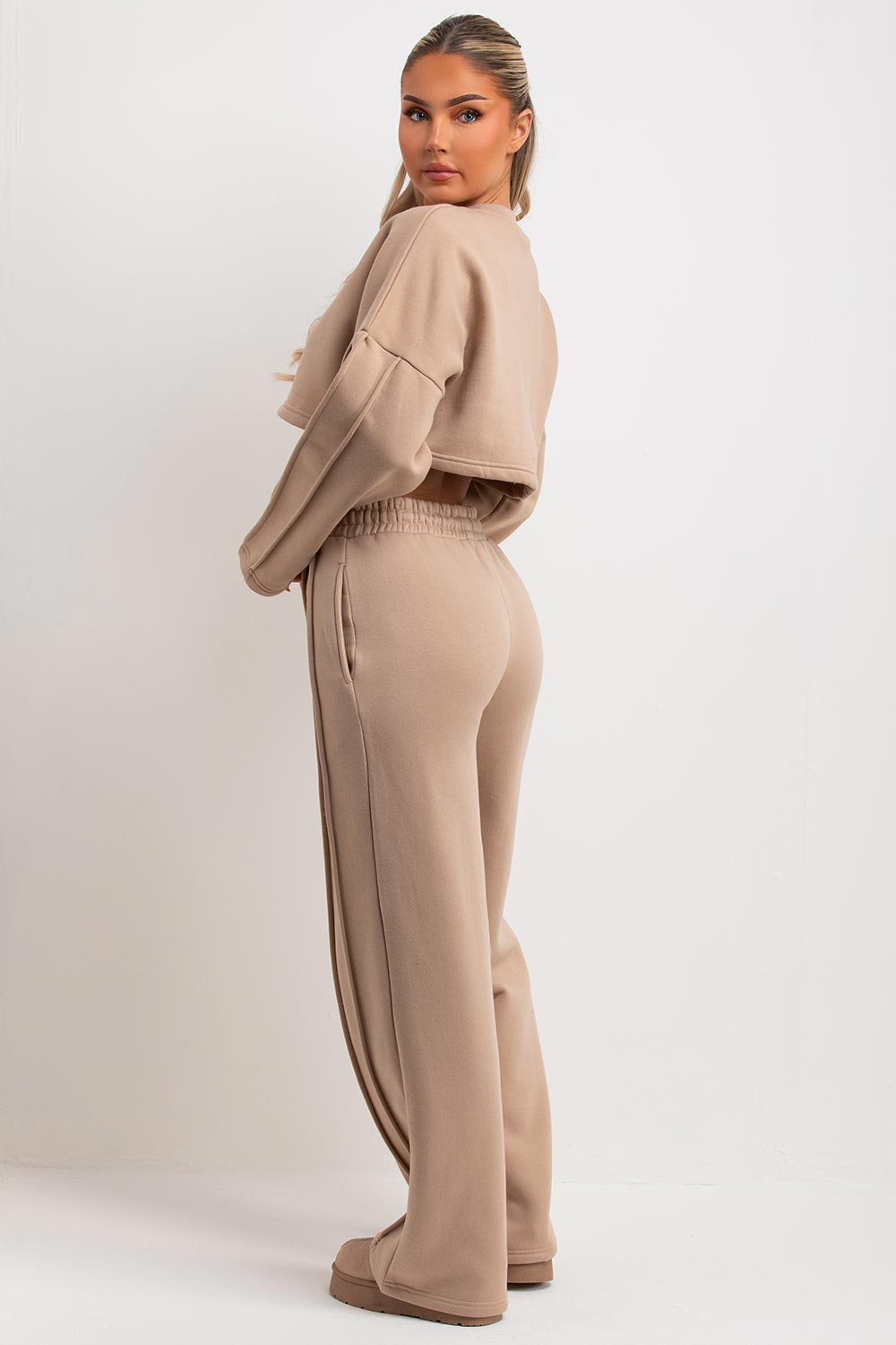 pintuck seam joggers and sweatshirt tracksuit co ord beige