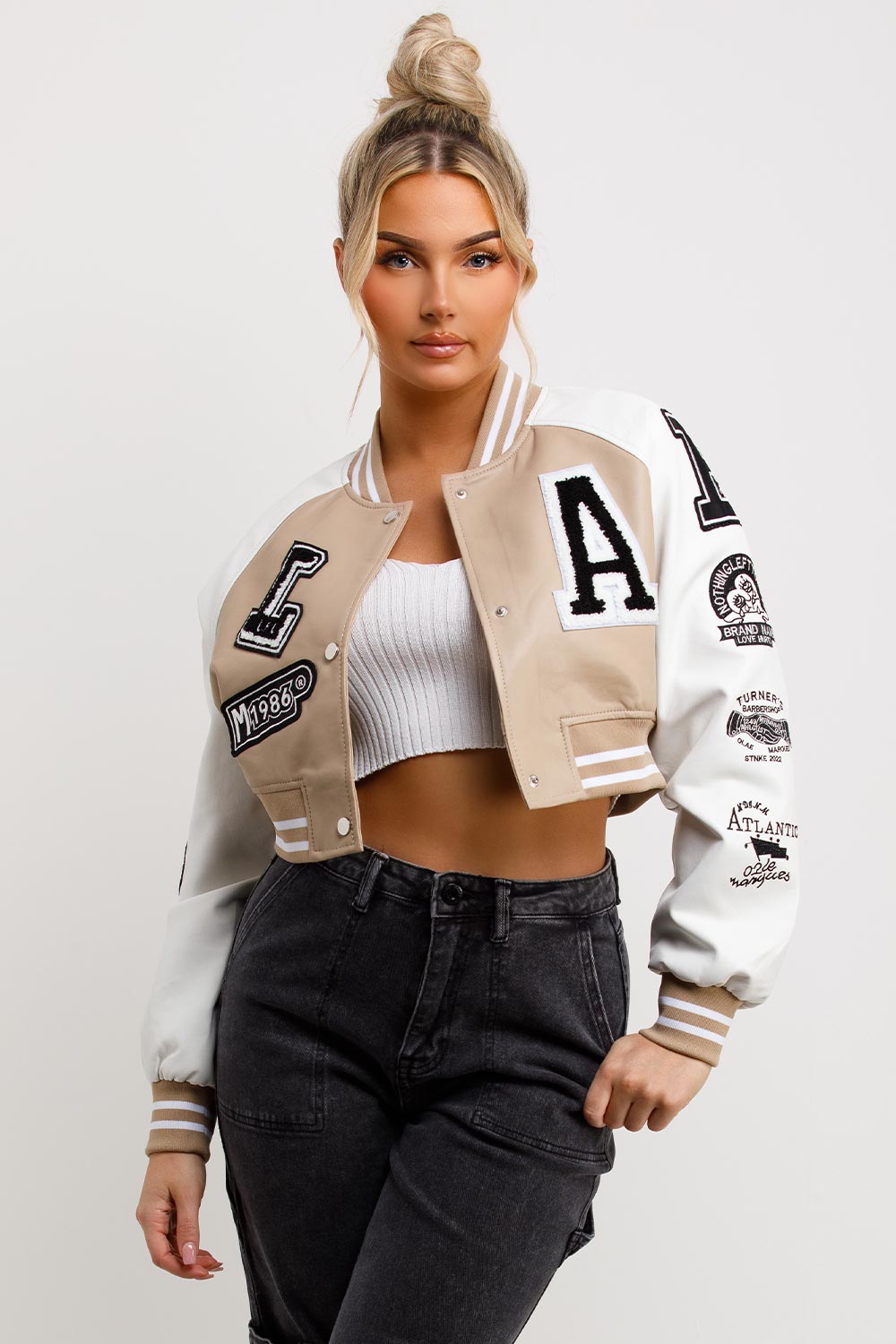 faux leather crop bomber jacket womens