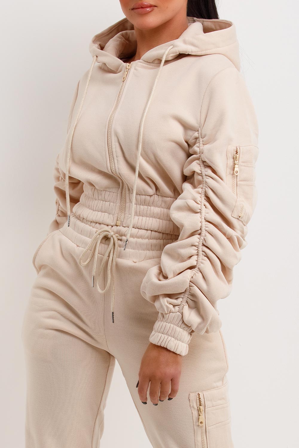 ruched sleeve crop hoodie and joggers co ord set
