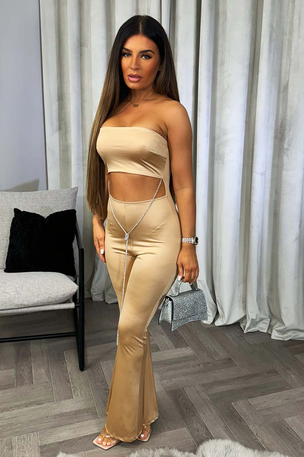 womens satin cut out diamante chain jumpsuit