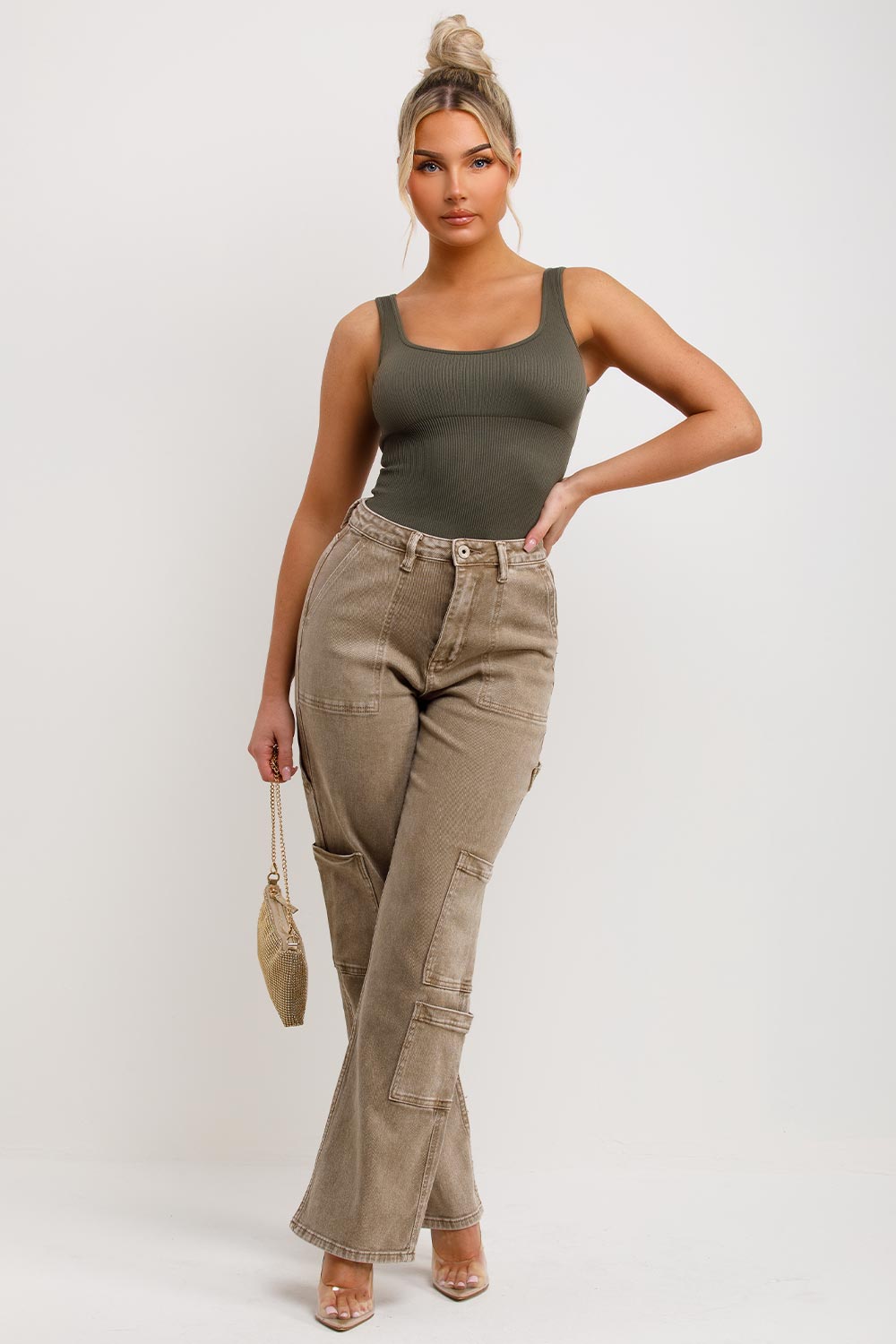 womens cargo jeans with pockets stone washed