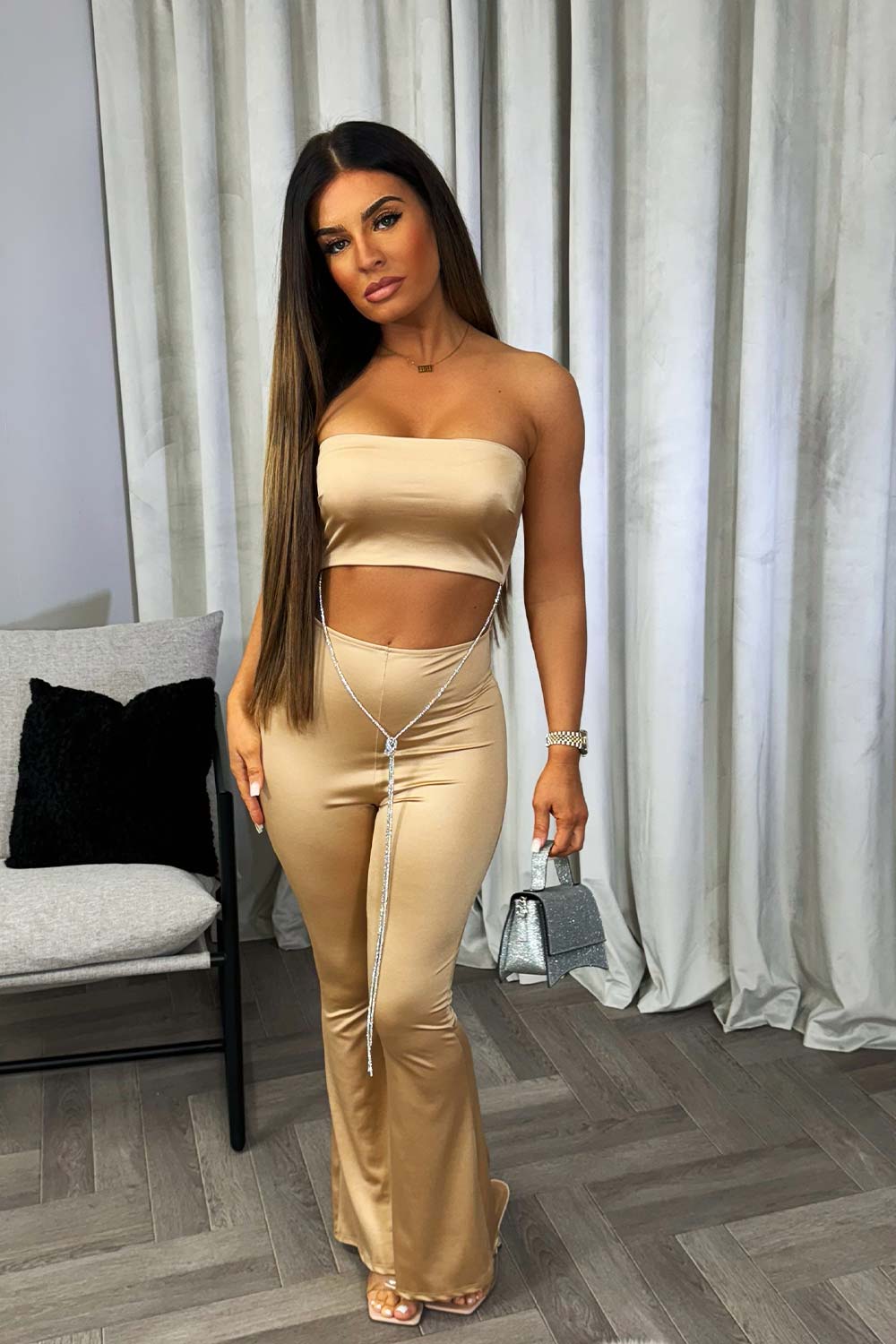 going out cut out satin jumpsuit with diamante chain christmas outfit