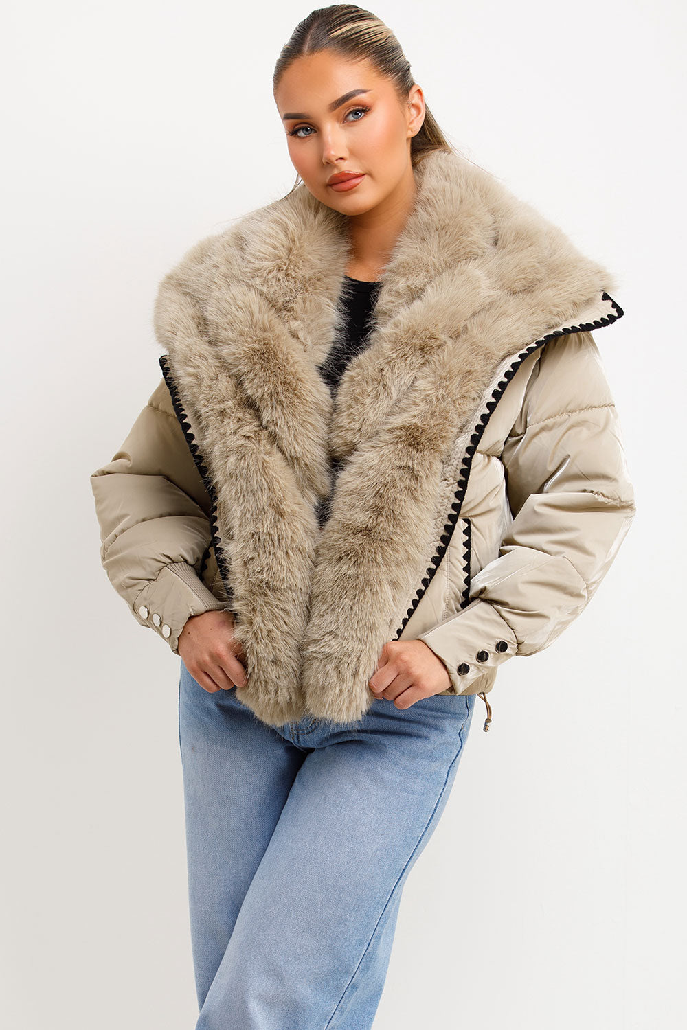 faux fur trim faux fur collar puffer padded coat for womens