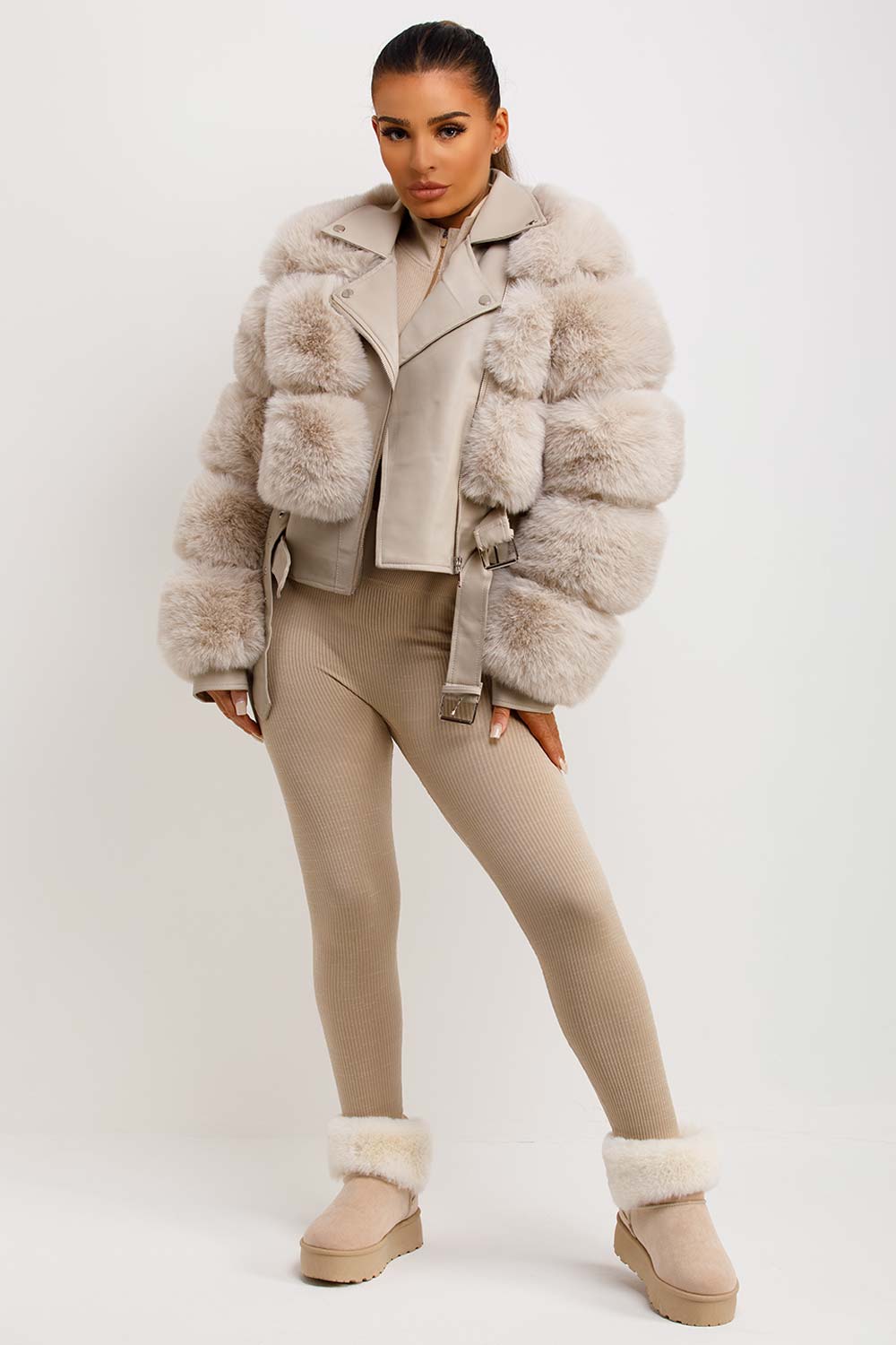 faux fur panel crop aviator jacket cropped