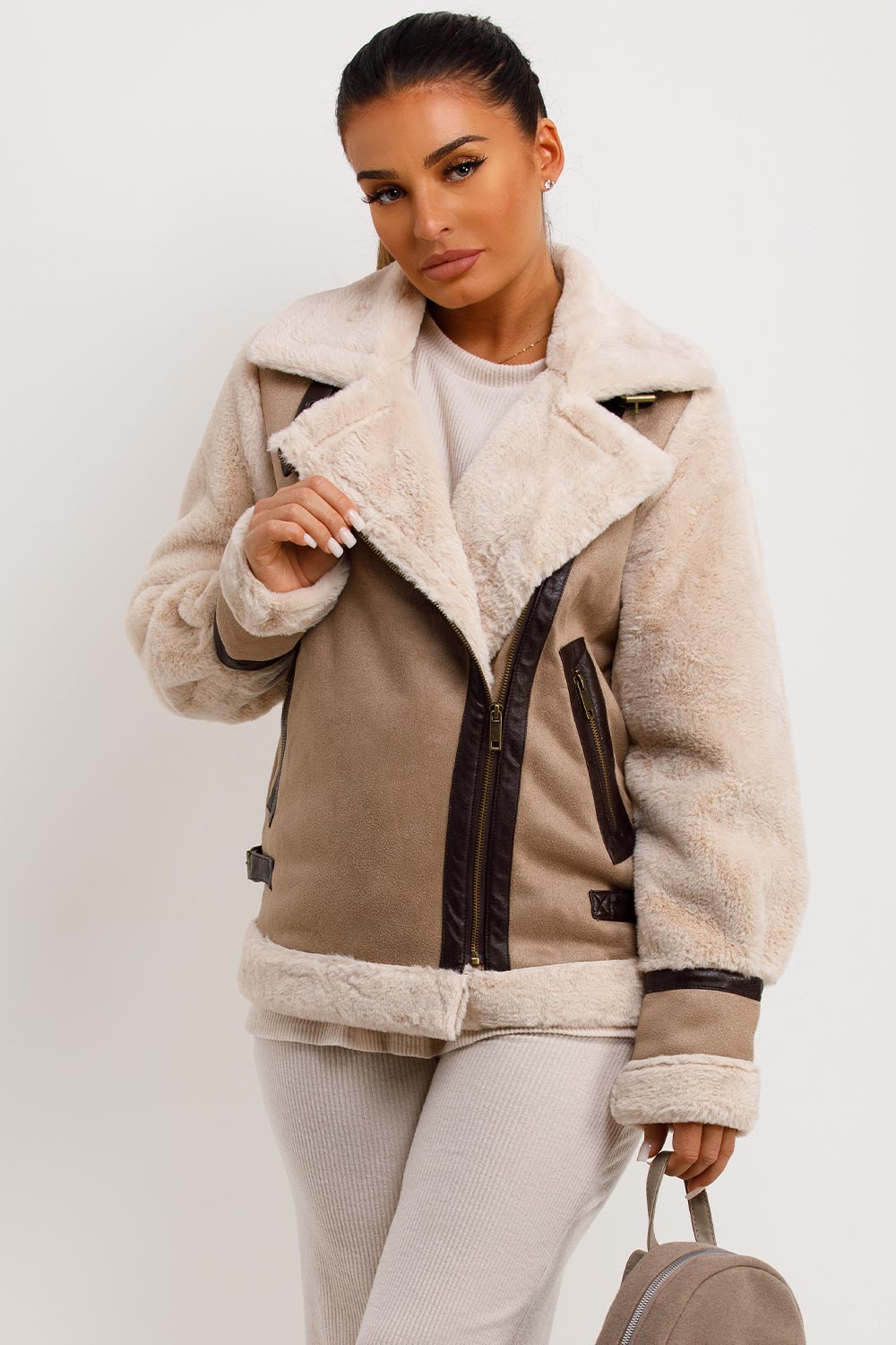 womens faux suede aviator jacket