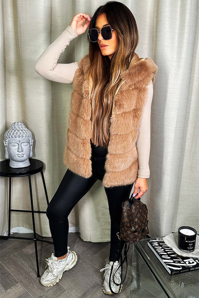 Women's Faux Fur Hooded Gilet Beige –