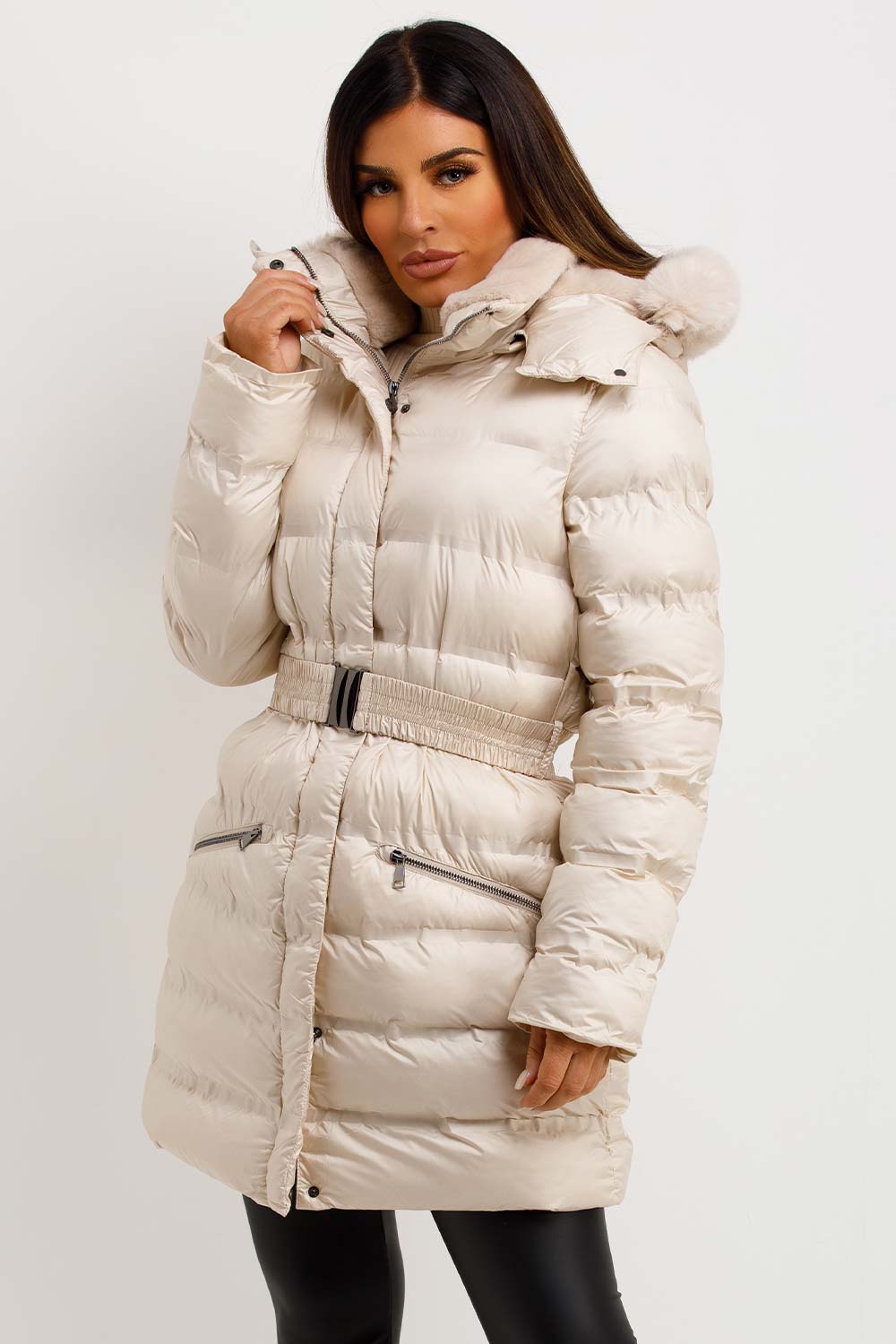 womens puffer padded coat with fur hood and belt