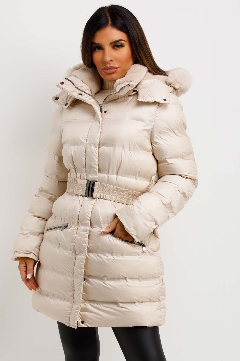 womens puffer coat with fur hood and belt