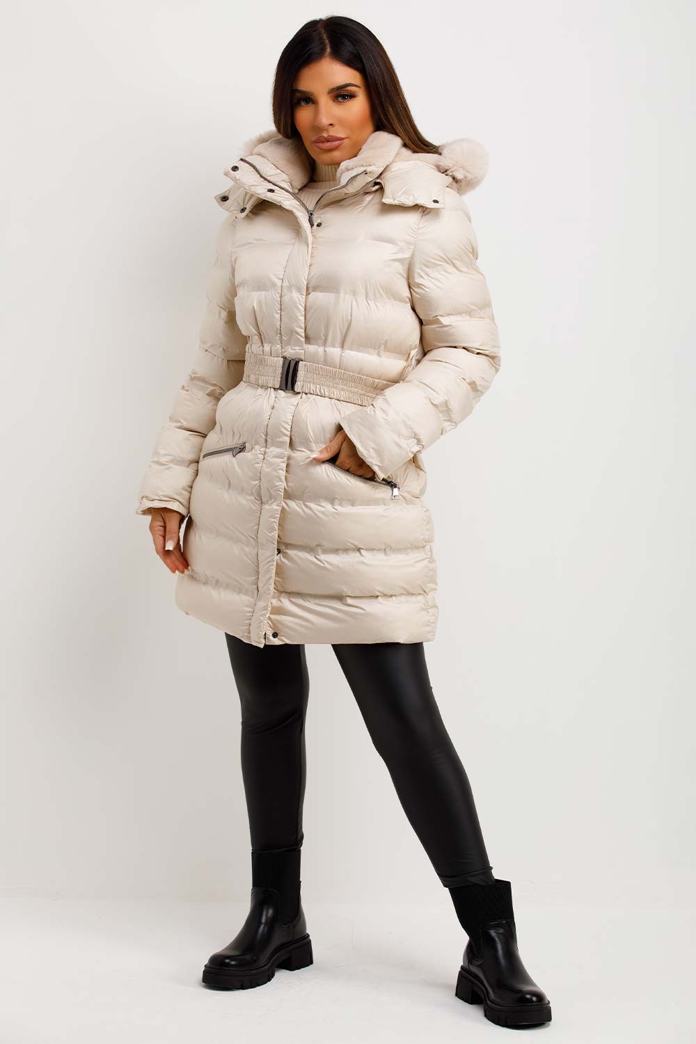 womens padded puffer coat with fur hood and belt