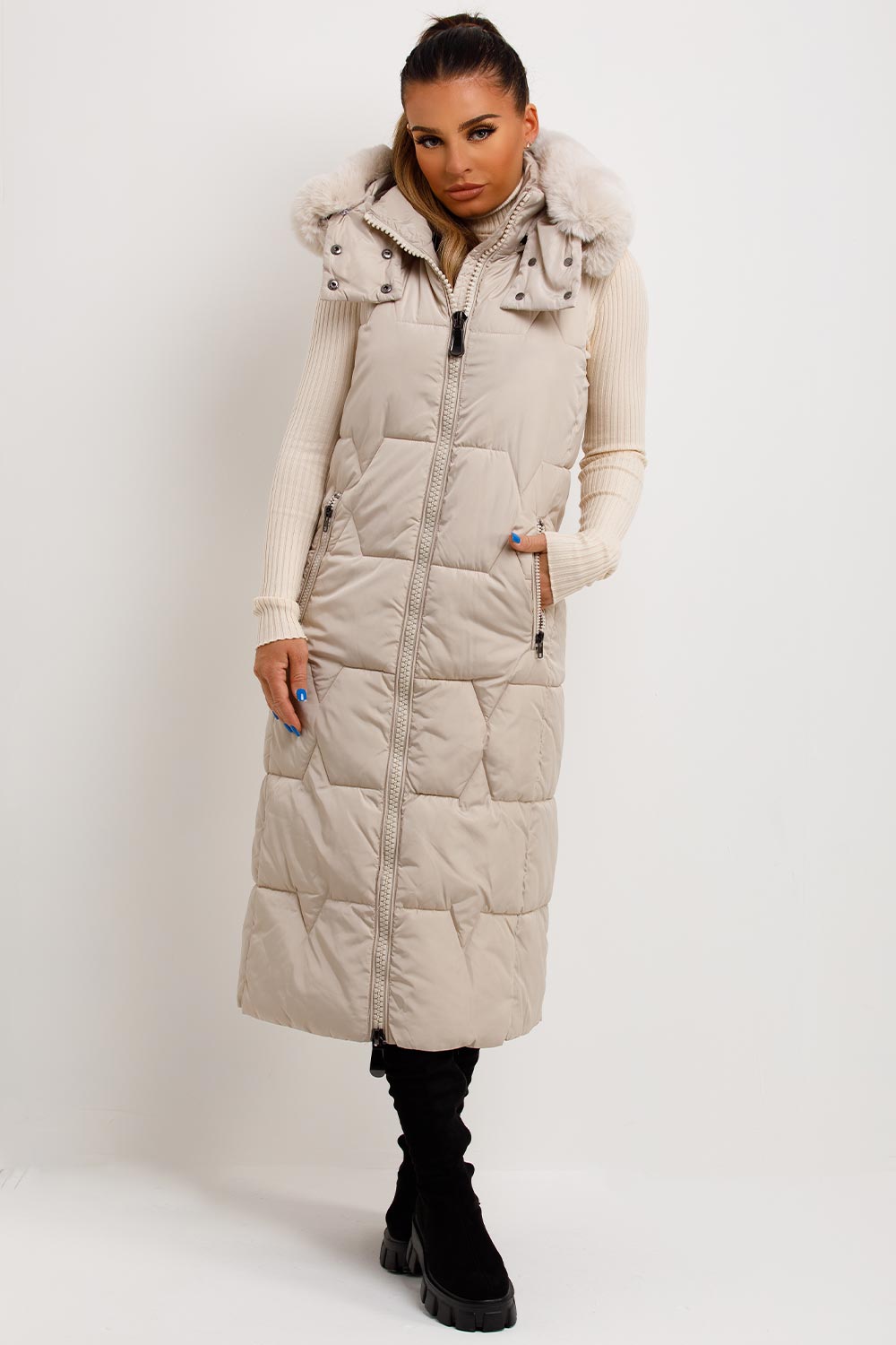 womens faux fur hood puffer padded longline gilet