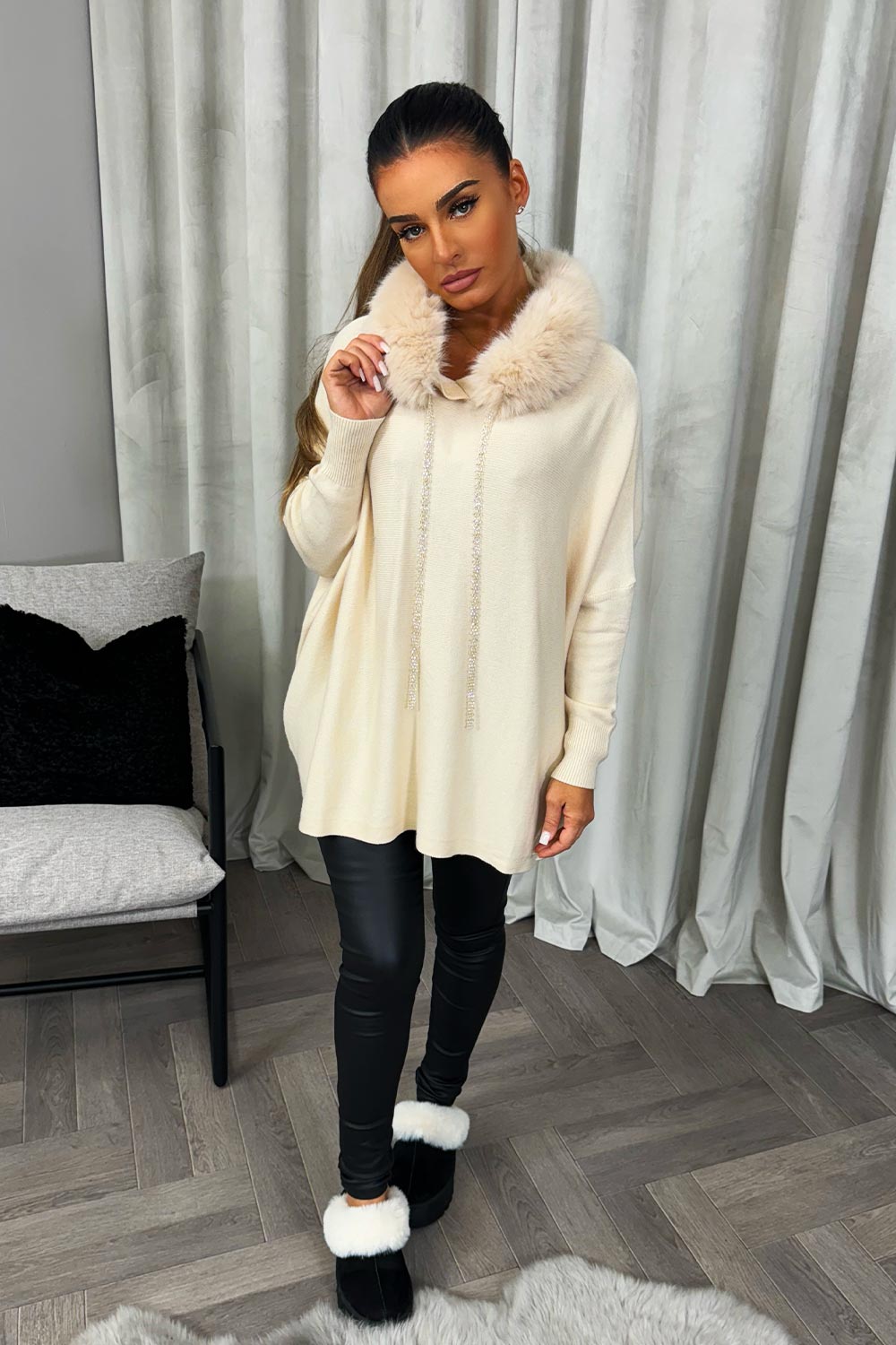 womens knitted jumper with faux fur hood