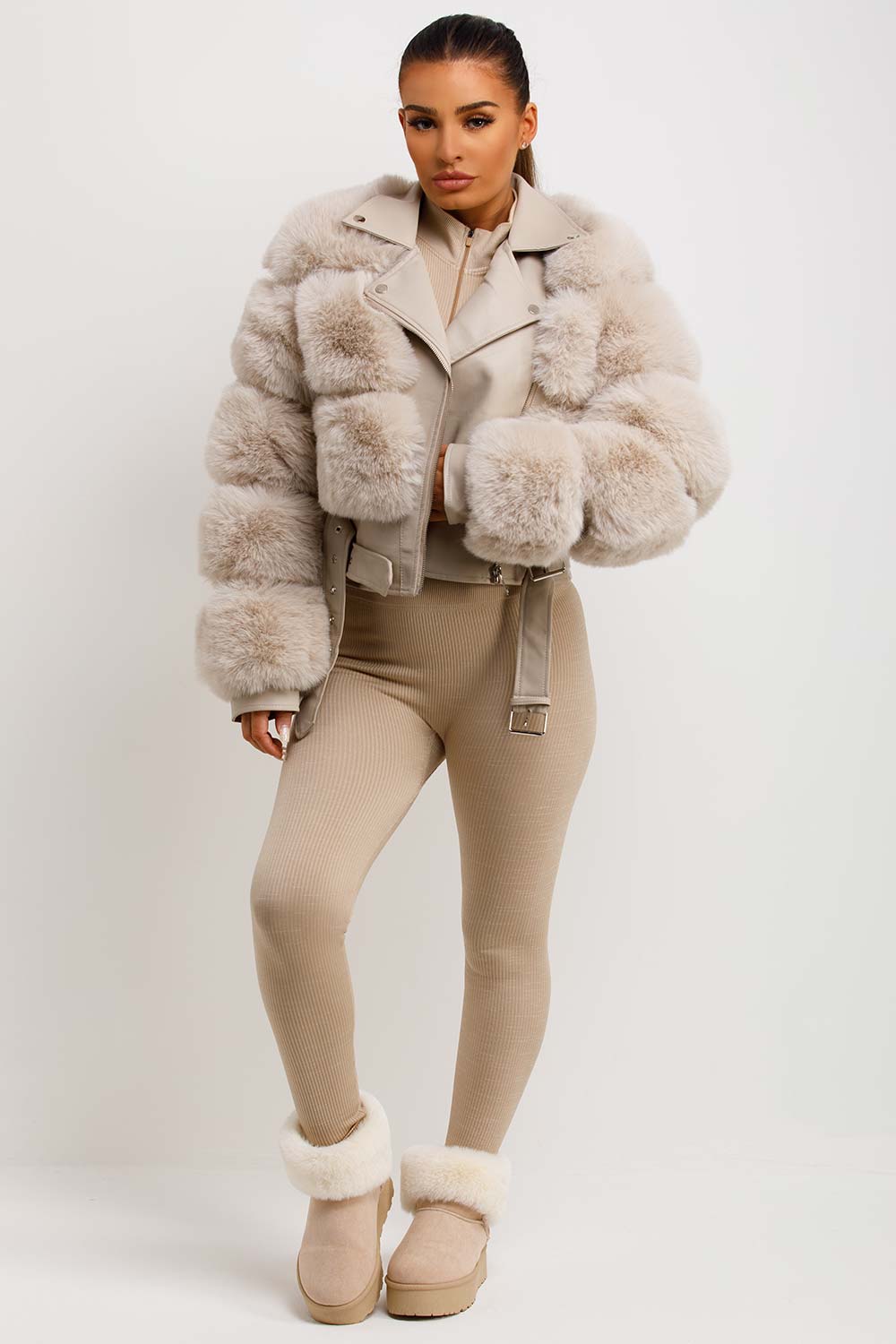 womens aviator crop jacket with fur panels