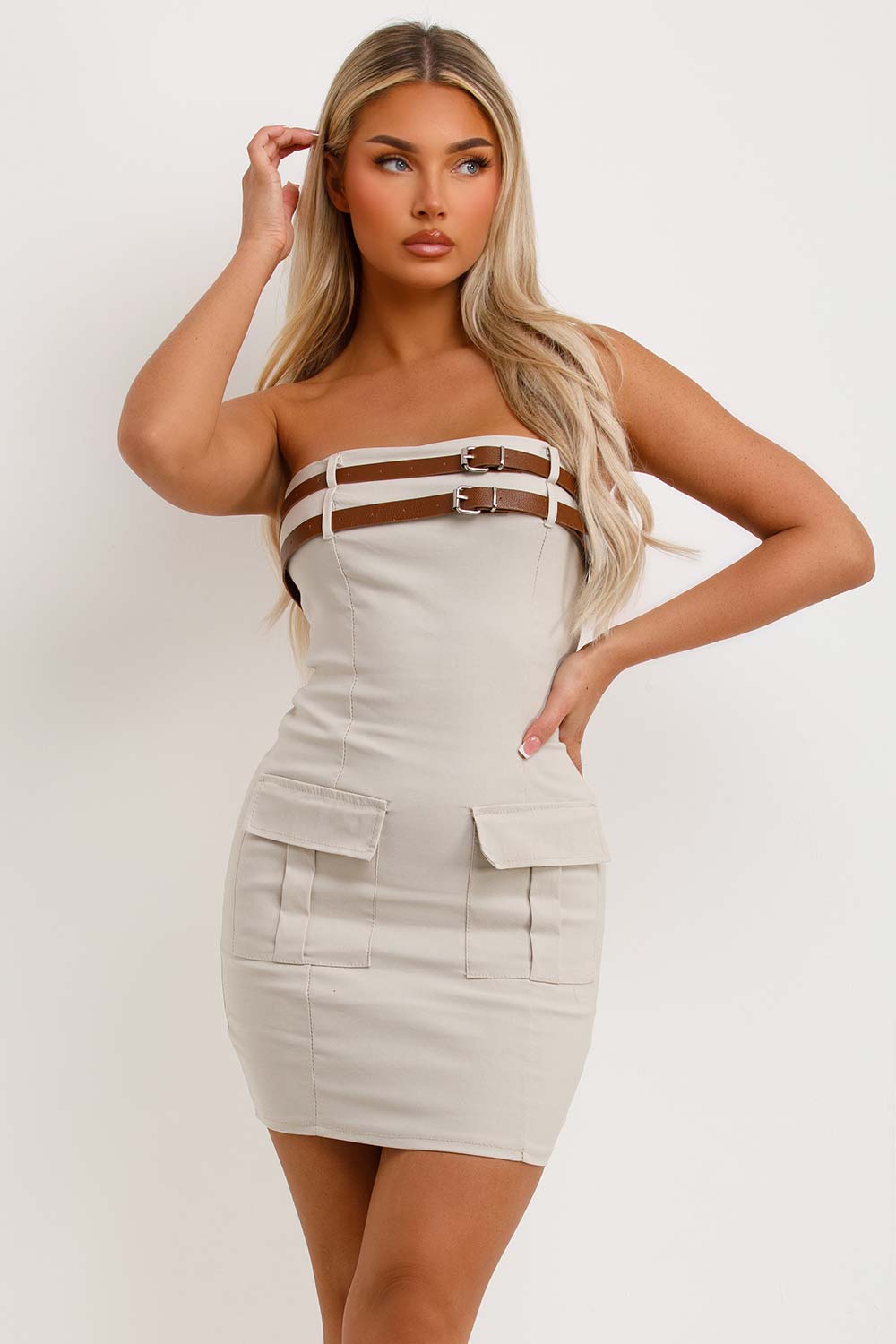 zara womens double belt cargo bandeau dress