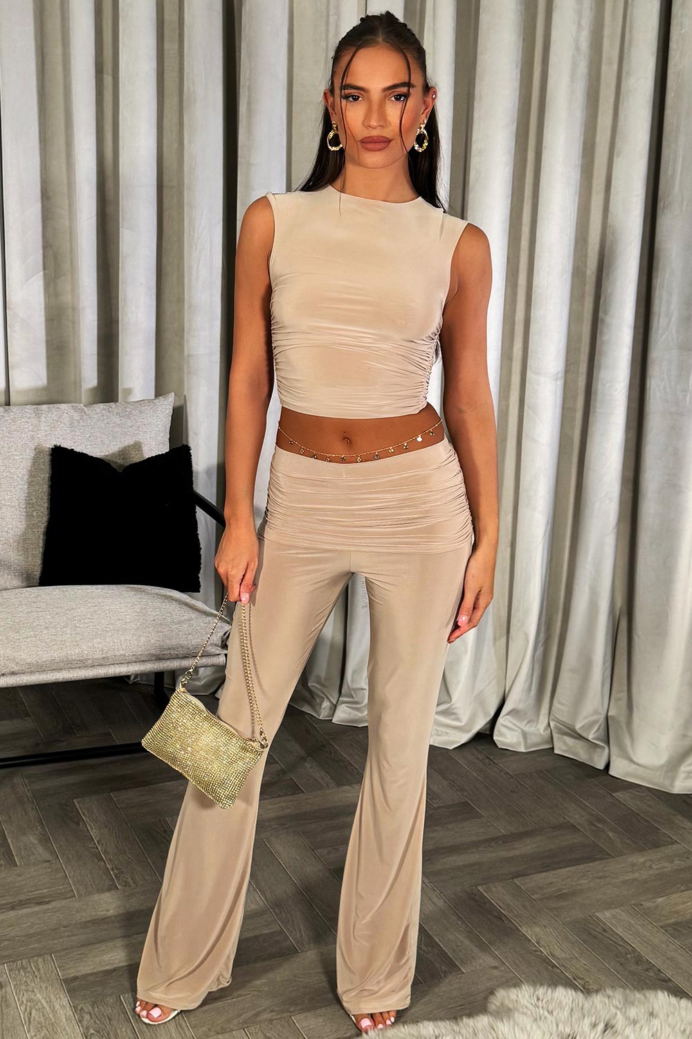 fold over flared trousers and ruched top co ord going out occasion outfit