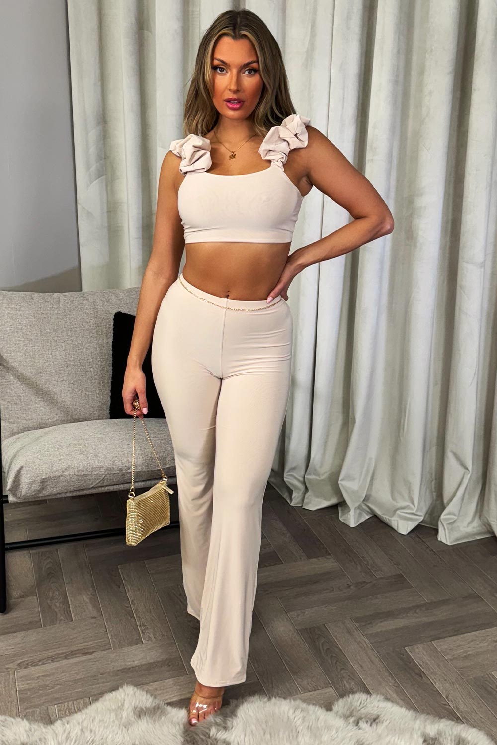 frilly gathered shoulder double lined crop top and straight leg trousers set beige