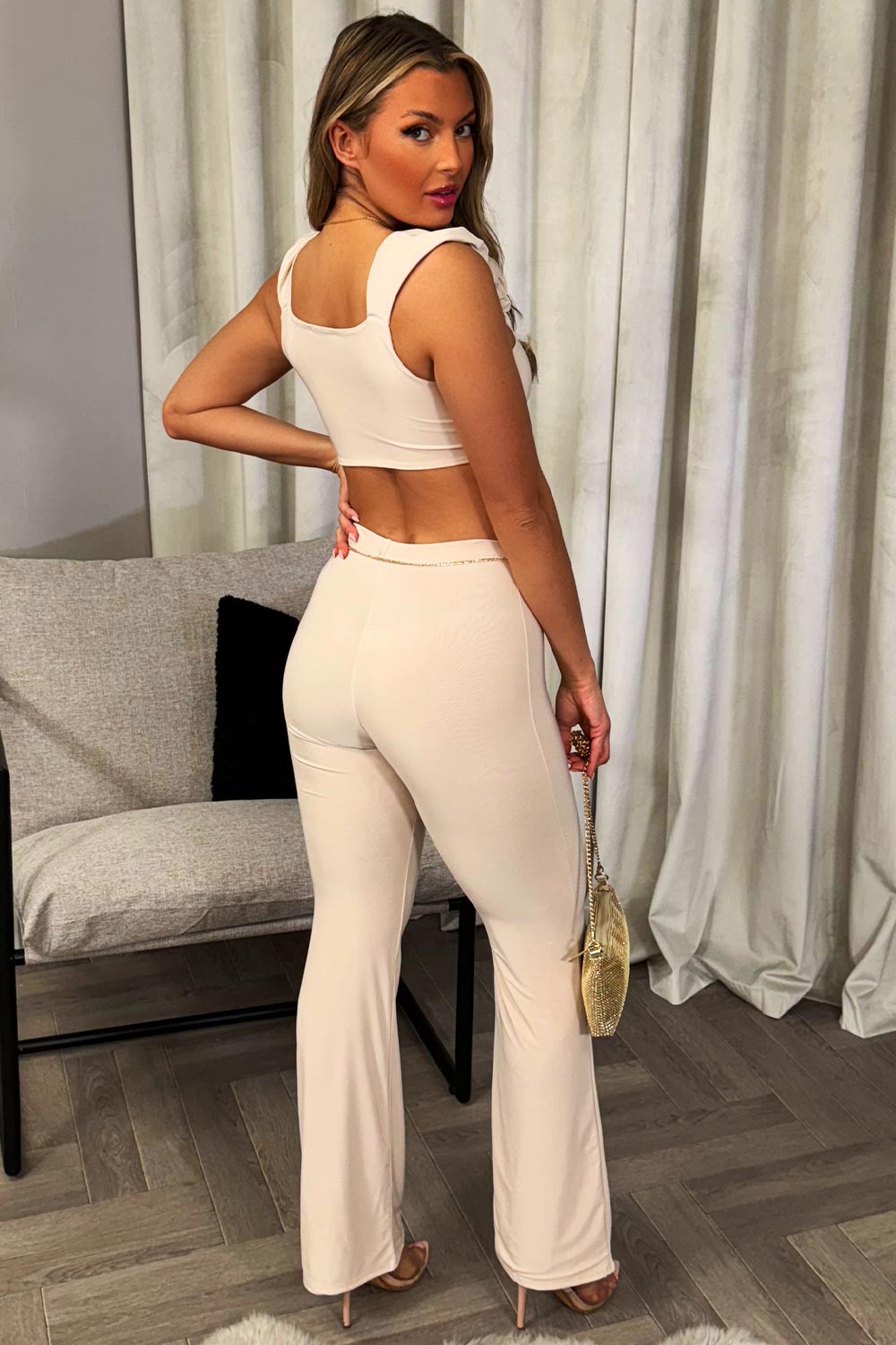 frilly gathered shoulder crop top and trousers two piece going out outfit