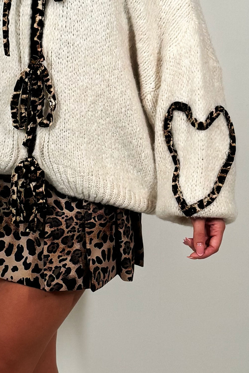 leopard print tie front chunky knit cardigan beige