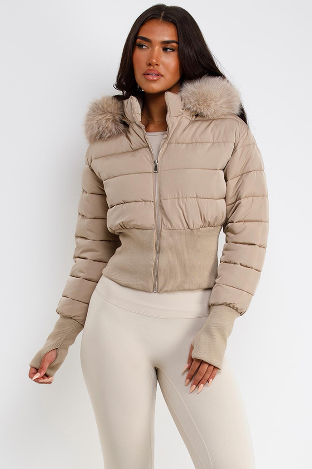 beige faux fur hooded padded puffer jacket styledup uk