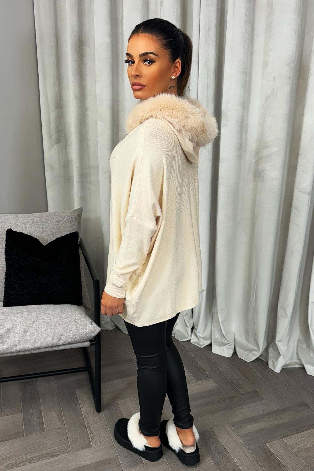 faux fur hood knitted jumper beige