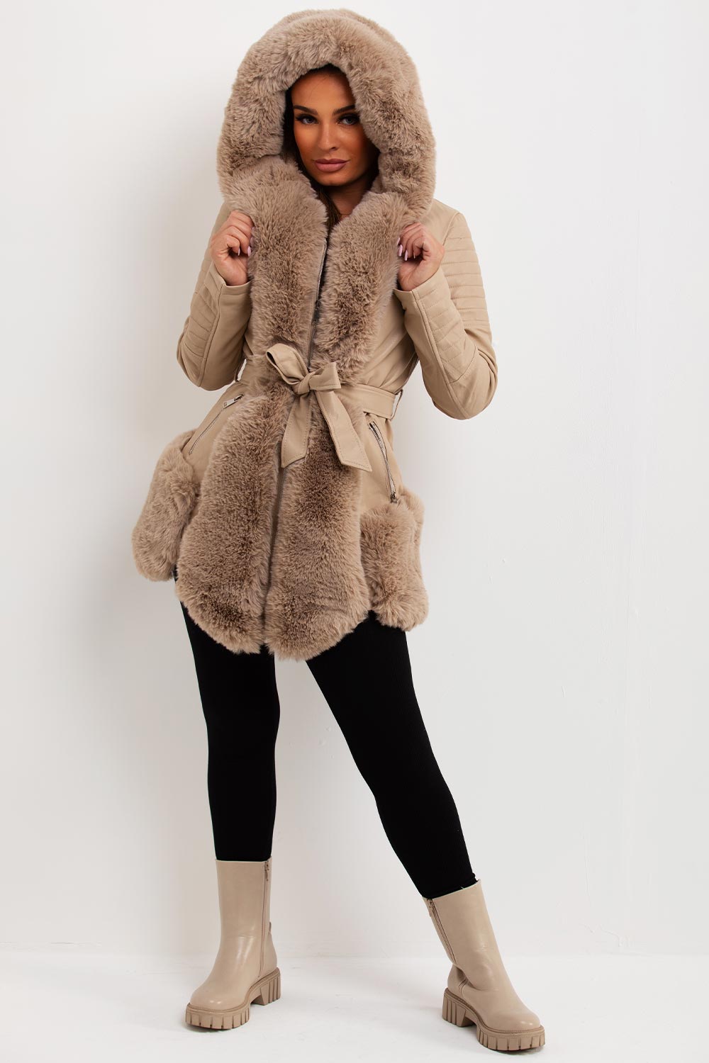 faux fur trim faux leather hooded jacket