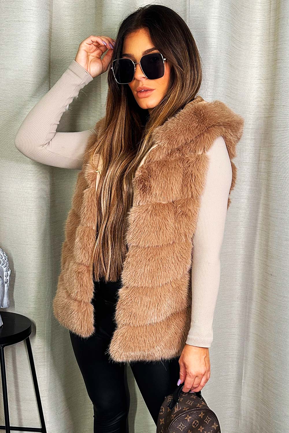 fur gilet with hood
