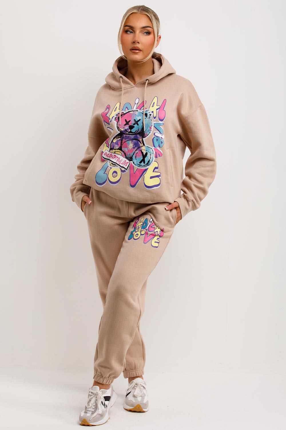 womens black oversized hoodie and joggers co ord set radical teddy graphic print