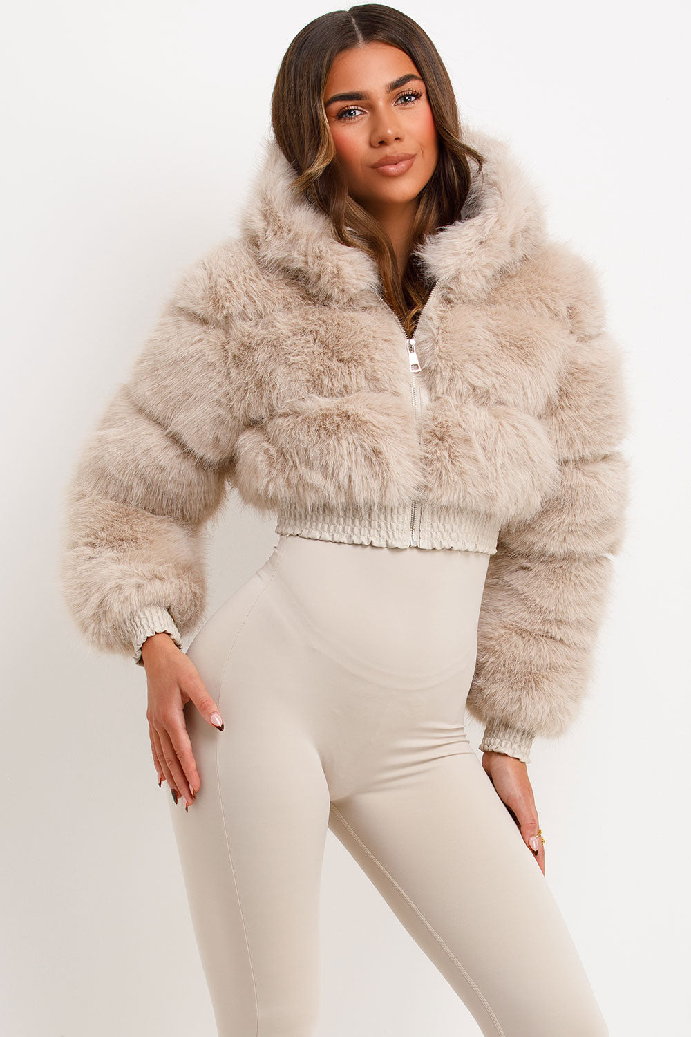 faux fur jacket with hood cropped styled up