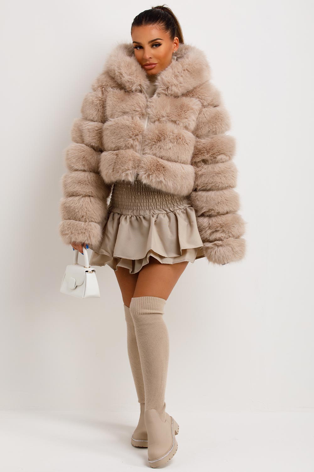 womens faux fur panel coat cropped