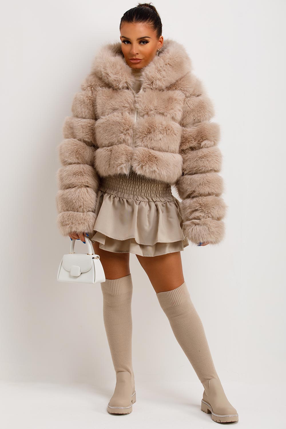 womens fur panel coat with hood