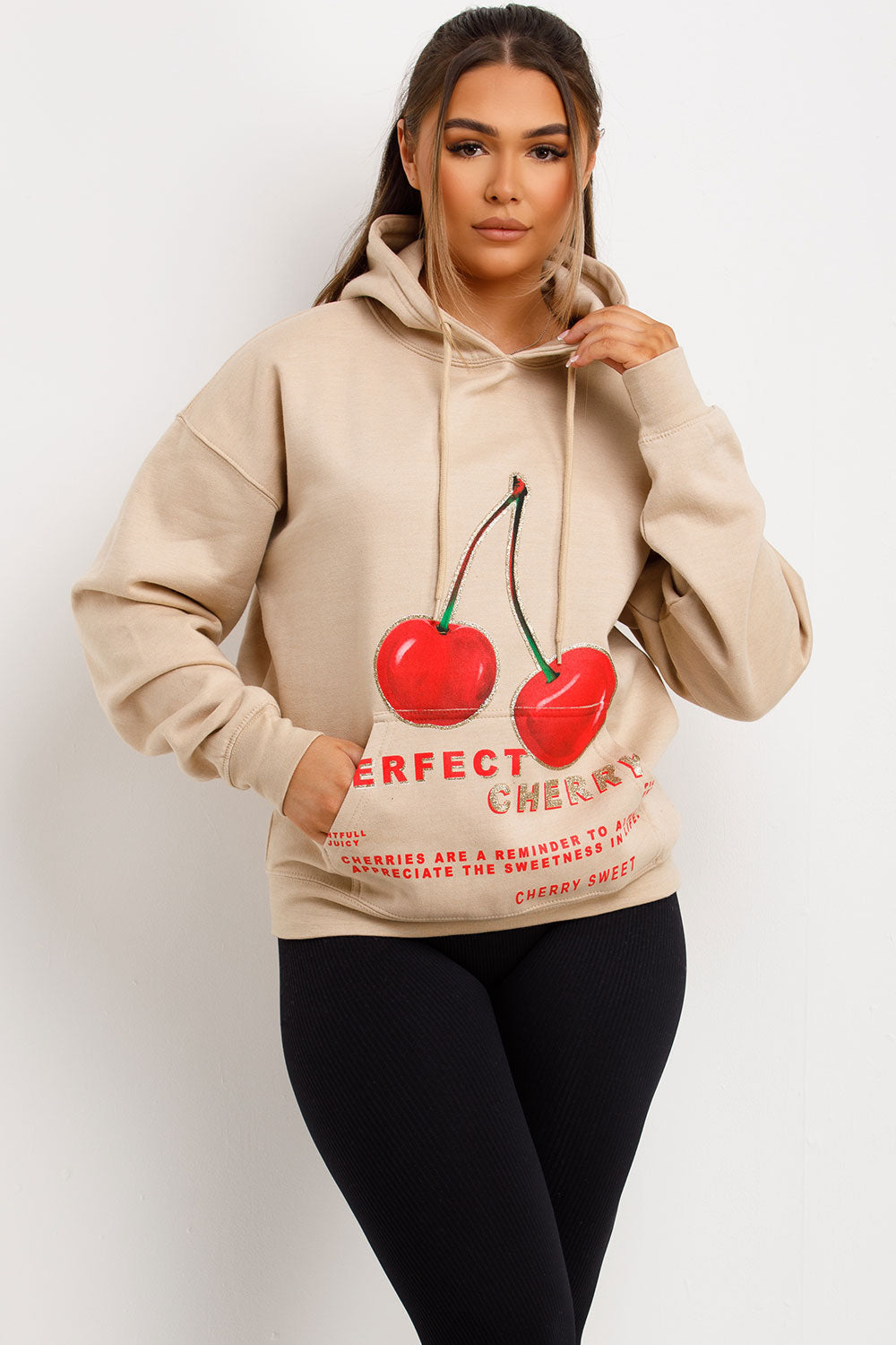 womens hooded sweatshirt with cherry graphic