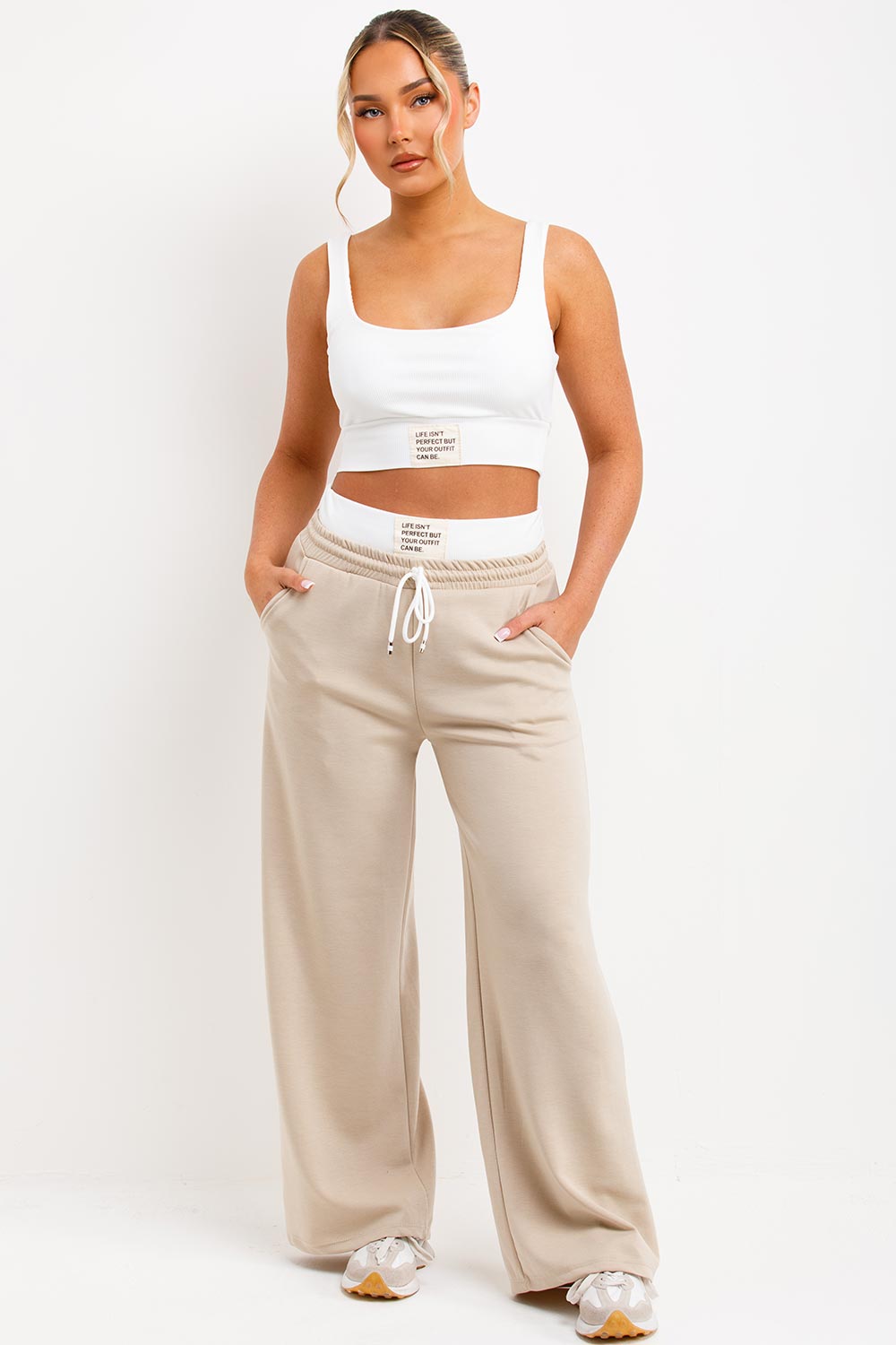 womens boxer detail drawstring joggers and crop top two piece tracksuit set beige