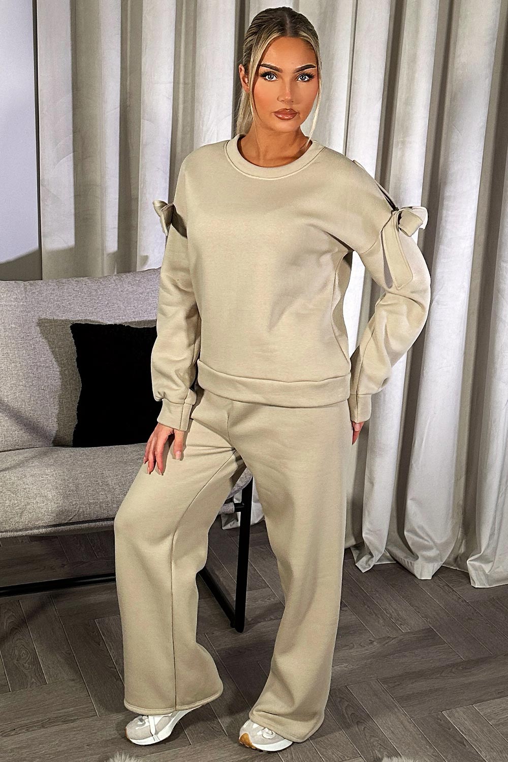 womens sweatshirt and joggers loungewear set beige