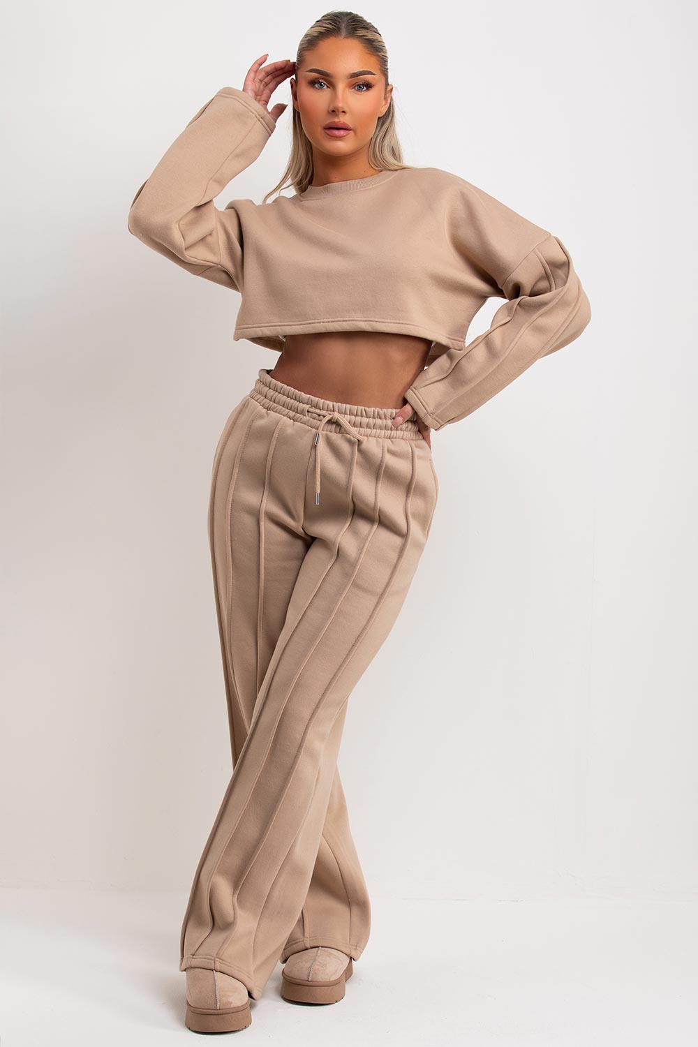 womens beige seam detail joggers and tracksuit co ord set