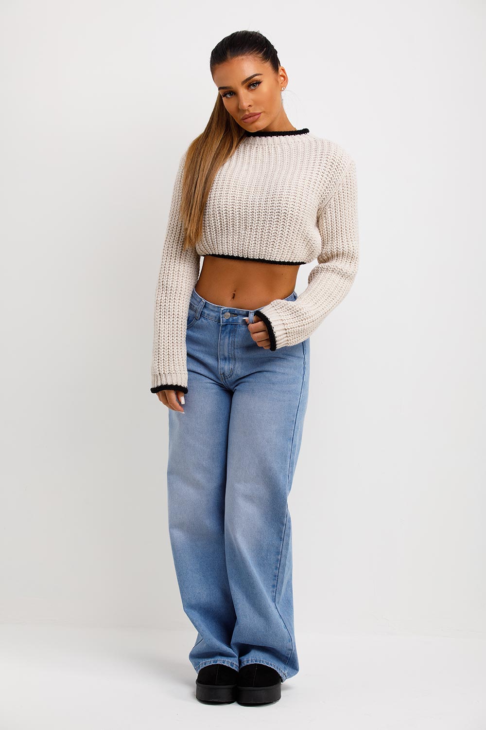 beige long sleeve contrast knitted jumper