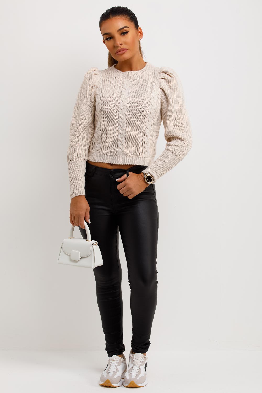 womens knitted puff shoulder crop jumper