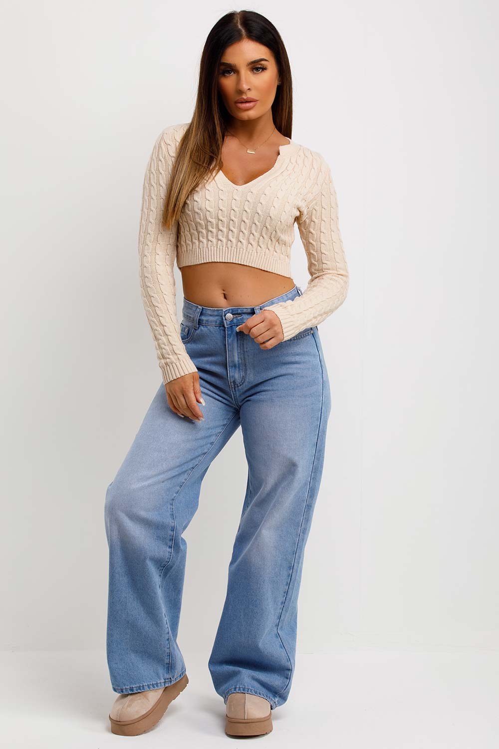 womens v neck crop knitted jumper beige