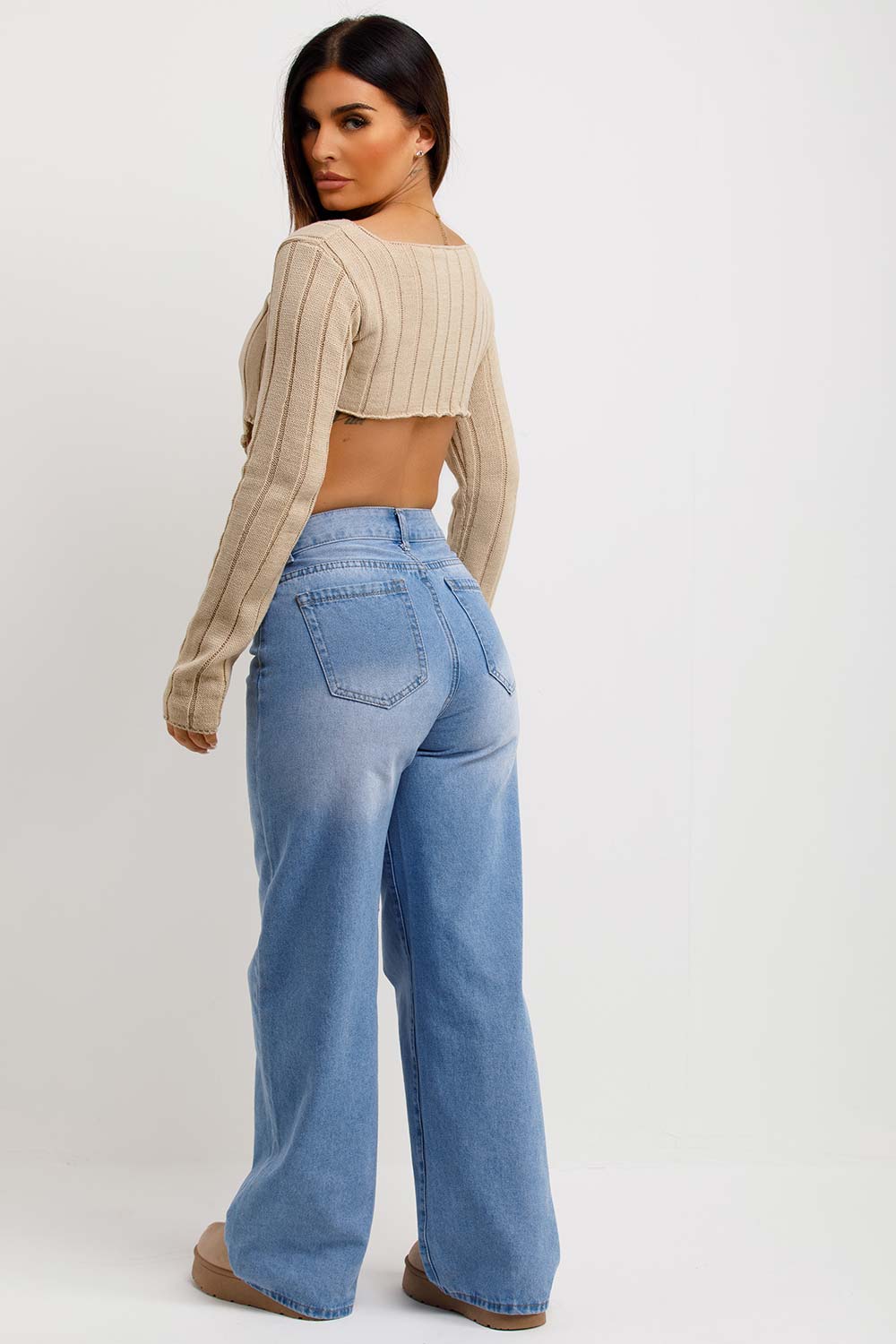 long sleeve crop knitted jumper with dip hem