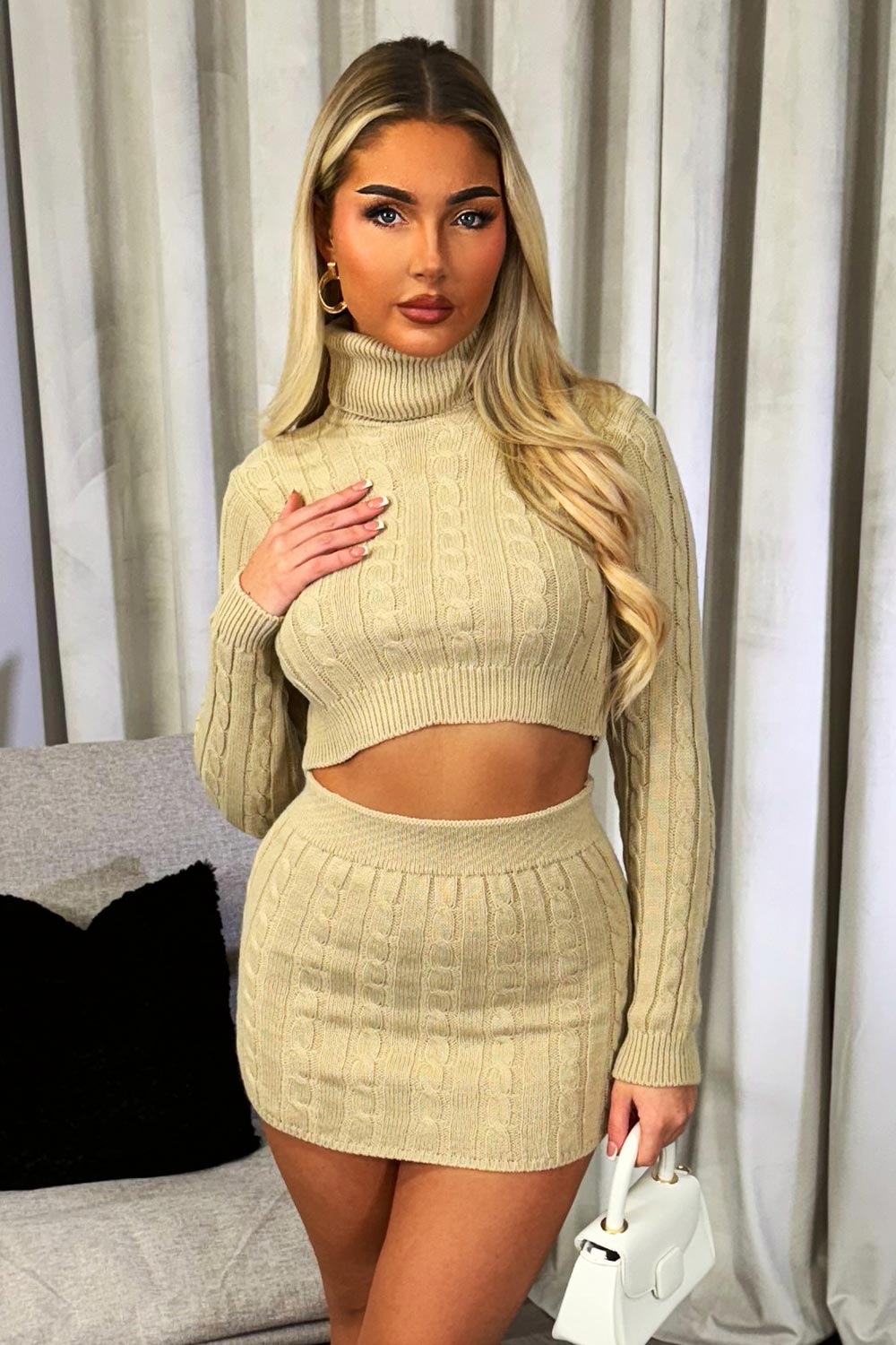 mini knit skirt and roll neck jumper two piece set going out outfit