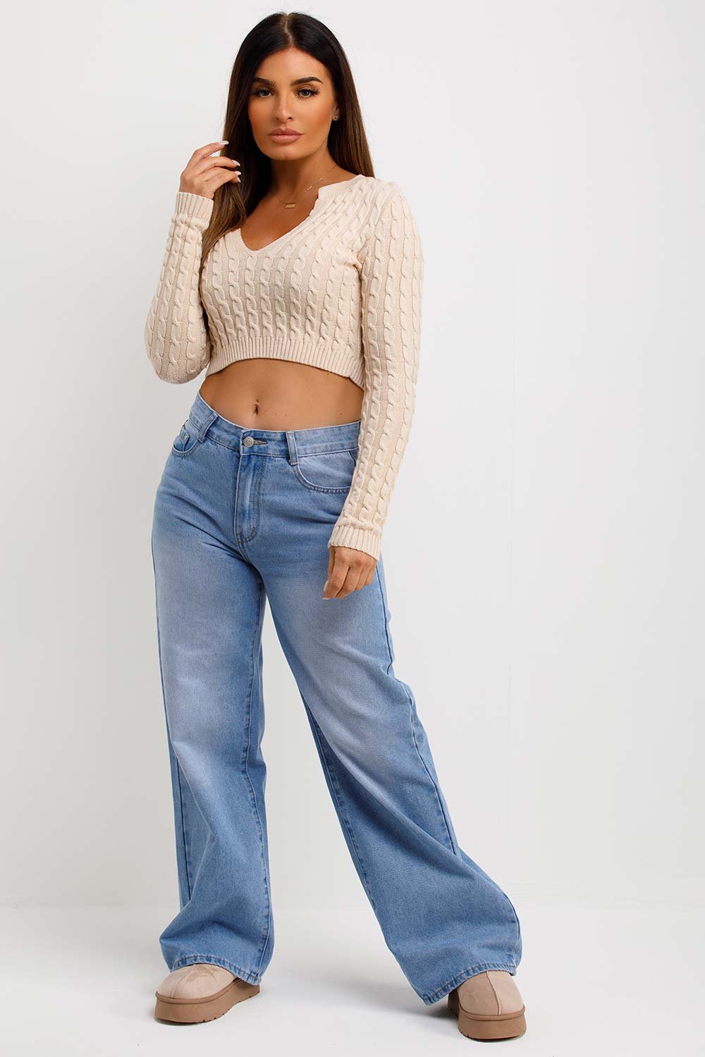 crop knitted v neck cricket jumper womens