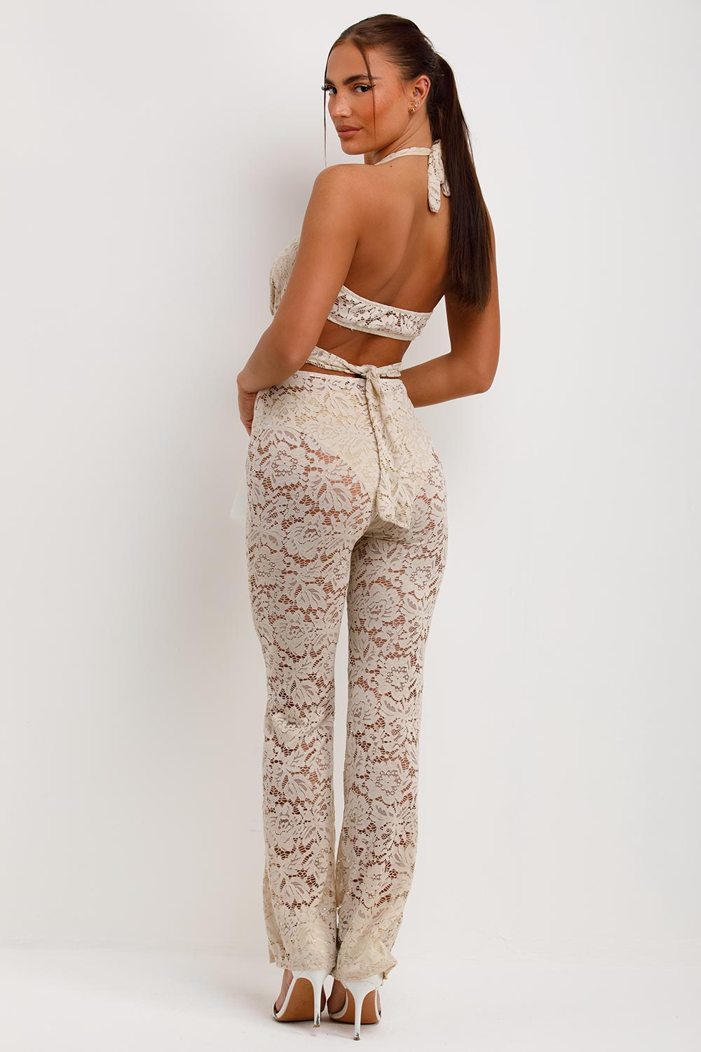 plunge neck skinny flare leg jumpsuit beige