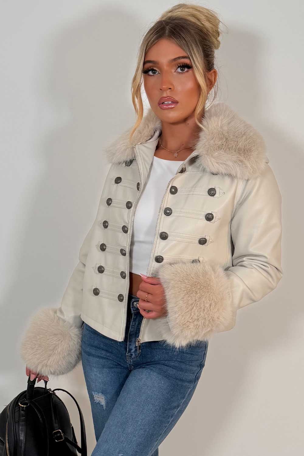 zara womens military style faux leather jacket with fur cuff and collar styledup uk
